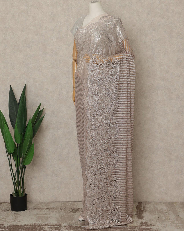 Soft Taupe Rose Premium French Metallic Chantilly Lace Saree with Stone Work, 5.5 Mtrs Length, 110 Cms Width, Made in France-D27137