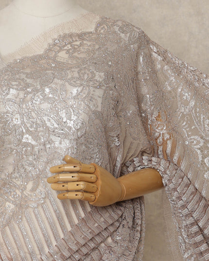 Soft Taupe Rose Premium French Metallic Chantilly Lace Saree with Stone Work, 5.5 Mtrs Length, 110 Cms Width, Made in France-D27137