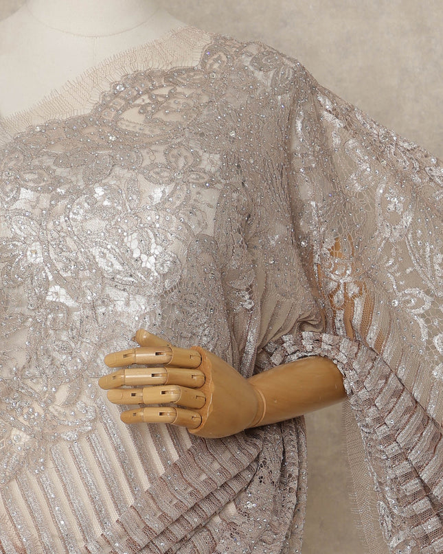 Soft Taupe Rose Premium French Metallic Chantilly Lace Saree with Stone Work, 5.5 Mtrs Length, 110 Cms Width, Made in France-D27137