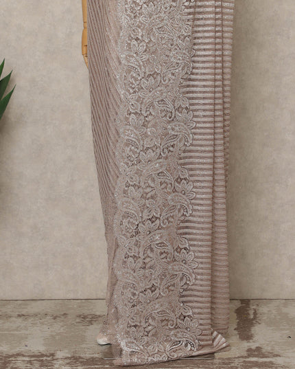 Soft Taupe Rose Premium French Metallic Chantilly Lace Saree with Stone Work, 5.5 Mtrs Length, 110 Cms Width, Made in France-D27137