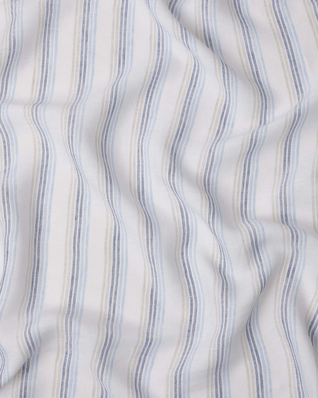 White Blue with Striped Design Premium Italian Pure Linen Fabric, 150 Cms, Italy-D25410