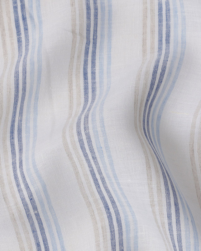 White Blue with Striped Design Premium Italian Pure Linen Fabric, 150 Cms, Italy-D25410