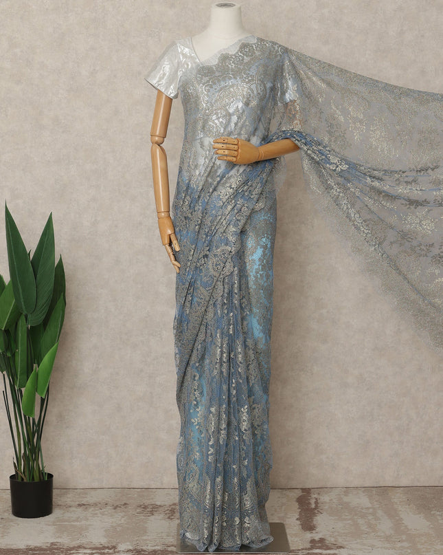 Ice Blue Premium French Metallic Chantilly Lace Saree Fabric, 5.5 Mtrs Length, 110 Cms Width, Crafted in France – Shimmering Metallic Floral Lace, Blouse Not Included-D26423