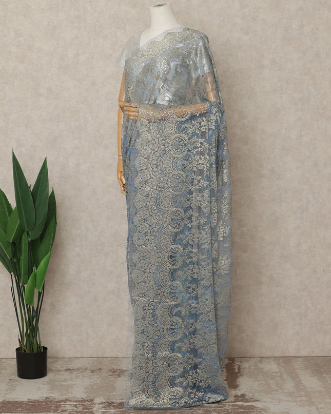 Ice Blue Premium French Metallic Chantilly Lace Saree Fabric, 5.5 Mtrs Length, 110 Cms Width, Crafted in France – Shimmering Metallic Floral Lace, Blouse Not Included-D26423