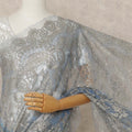 Ice Blue Premium French Metallic Chantilly Lace Saree Fabric, 5.5 Mtrs Length, 110 Cms Width, Crafted in France – Shimmering Metallic Floral Lace, Blouse Not Included-D26423
