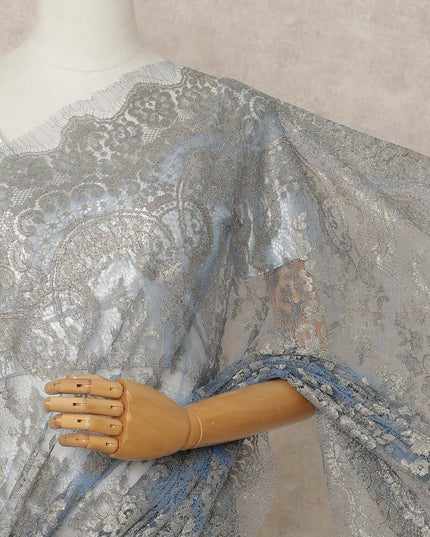 Ice Blue Premium French Metallic Chantilly Lace Saree Fabric, 5.5 Mtrs Length, 110 Cms Width, Crafted in France – Shimmering Metallic Floral Lace, Blouse Not Included-D26423
