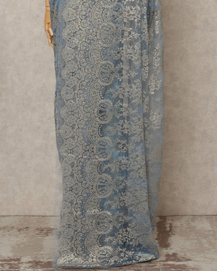 Ice Blue Premium French Metallic Chantilly Lace Saree Fabric, 5.5 Mtrs Length, 110 Cms Width, Crafted in France – Shimmering Metallic Floral Lace, Blouse Not Included-D26423