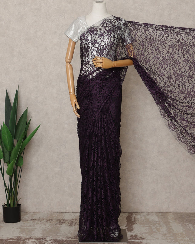 Dark Purple Premium French 2-Tone Chantilly Lace Saree Fabric – 5.5 Meters Length, 110 Cms Width, Imported from France-D25705