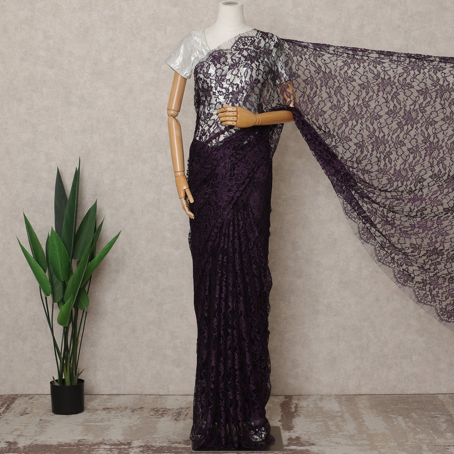 Dark Purple Premium French 2-Tone Chantilly Lace Saree Fabric – 5.5 Meters Length, 110 Cms Width, Imported from France-D25705