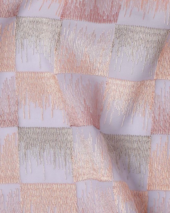 Lavender Peach Checkered Pattern Cotton Voile Embroidery Fabric, 110 Cms Width, India-D25321