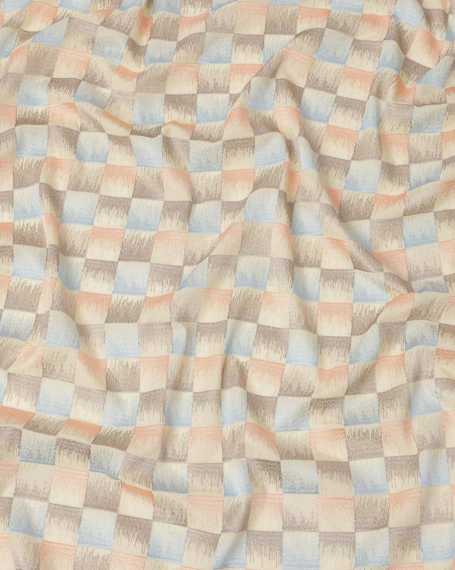 Beige Multicolor Checkered Pattern Cotton Voile Embroidery Fabric, 110 Cms Width, India-D25319
