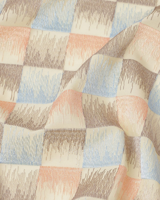 Beige Multicolor Checkered Pattern Cotton Voile Embroidery Fabric, 110 Cms Width, India-D25319