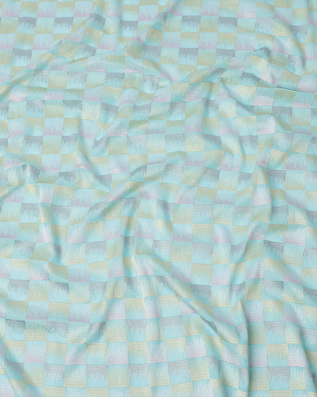 Aqua Green Multicolor Checkered Pattern Cotton Voile Embroidery Fabric, 110 Cms Width, India-D25320