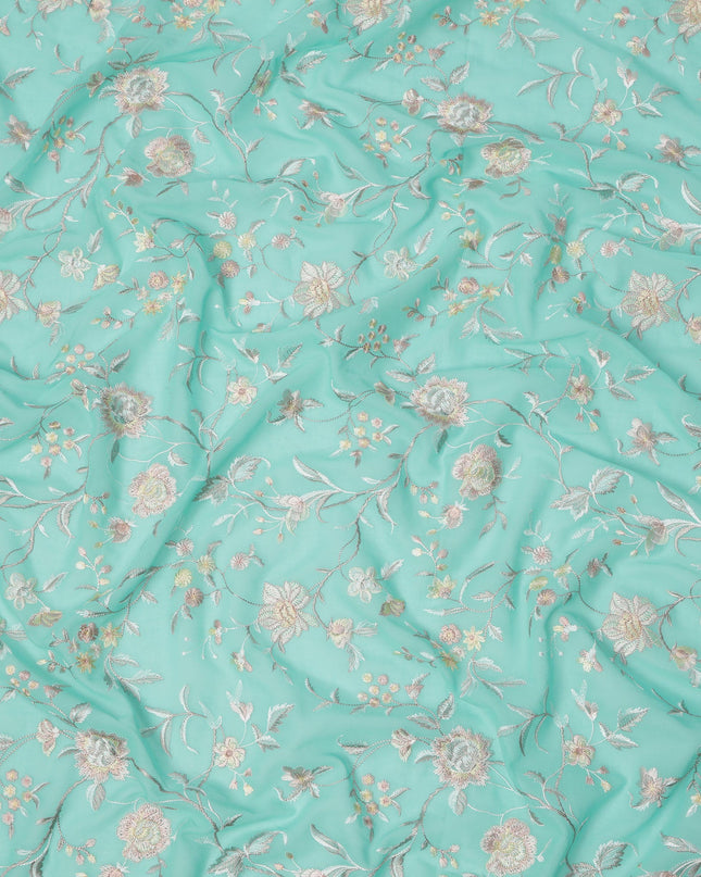 Aqua Blue Floral Embroidered Cotton Voile Fabric, 110 Cms Width, Made in India-D24677