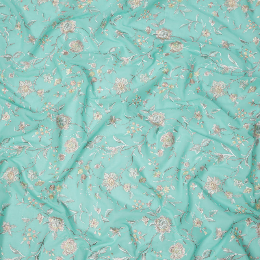 قماش فوال قطني مطرز بنقشة زهور باللون الأزرق المائي، عرض 110 سم، صنع في الهند - D24677