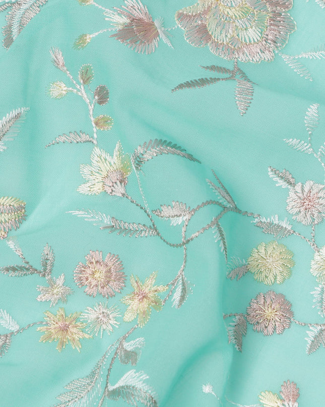 Aqua Blue Floral Embroidered Cotton Voile Fabric, 110 Cms Width, Made in India-D24677