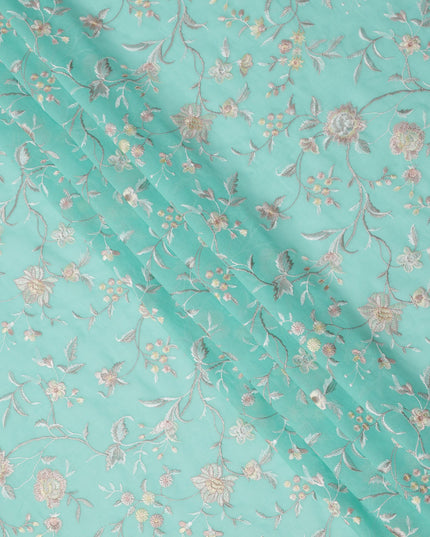 قماش فوال قطني مطرز بنقشة زهور باللون الأزرق المائي، عرض 110 سم، صنع في الهند - D24677
