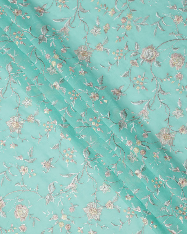 Aqua Blue Floral Embroidered Cotton Voile Fabric, 110 Cms Width, Made in India-D24677