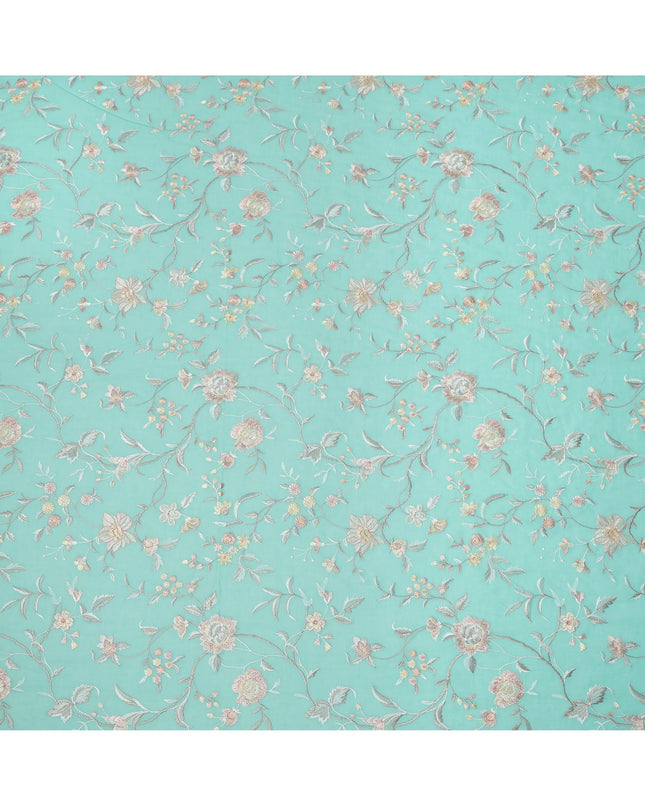 Aqua Blue Floral Embroidered Cotton Voile Fabric, 110 Cms Width, Made in India-D24677