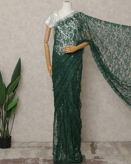 ساري فرنسي فاخر بلون أخضر غامق من الدانتيل الشانتيلي ثنائي اللون مع تطريز حجري، عرض 110 سم، 5.5 متر، فرنسا - D25582