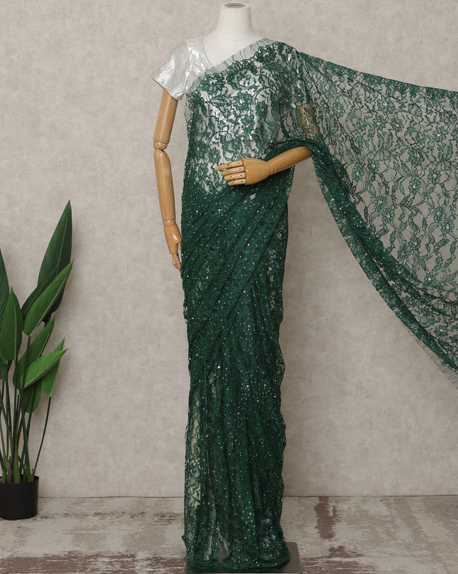ساري فرنسي فاخر بلون أخضر غامق من الدانتيل الشانتيلي ثنائي اللون مع تطريز حجري، عرض 110 سم، 5.5 متر، فرنسا - D25582