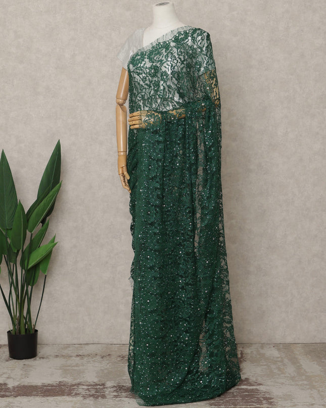 ساري فرنسي فاخر بلون أخضر غامق من الدانتيل الشانتيلي ثنائي اللون مع تطريز حجري، عرض 110 سم، 5.5 متر، فرنسا - D25582