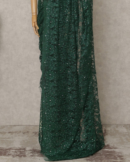 ساري فرنسي فاخر بلون أخضر غامق من الدانتيل الشانتيلي ثنائي اللون مع تطريز حجري، عرض 110 سم، 5.5 متر، فرنسا - D25582