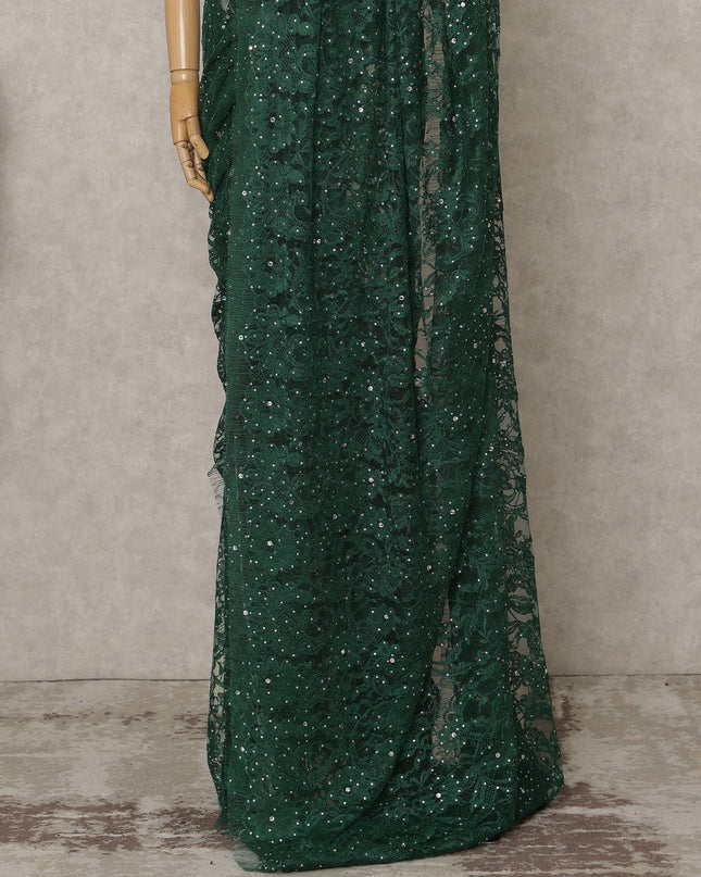 ساري فرنسي فاخر بلون أخضر غامق من الدانتيل الشانتيلي ثنائي اللون مع تطريز حجري، عرض 110 سم، 5.5 متر، فرنسا - D25582