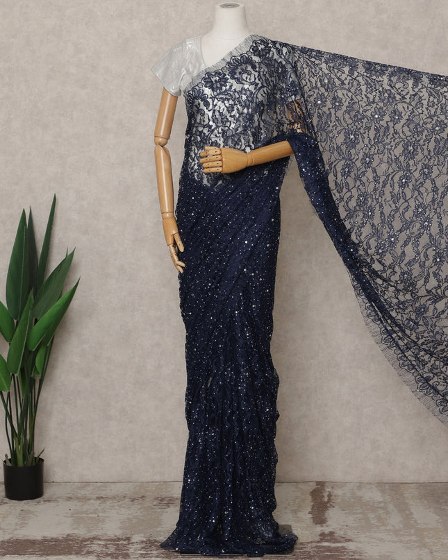 Navy Blue Premium French 2-Tone Chantilly Lace Saree with Stone Work, Width 110 Cms, 5.5 Mtrs, France-D25565 Regal Fabrics