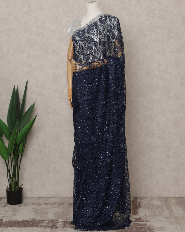 Navy Blue Premium French 2-Tone Chantilly Lace Saree with Stone Work, Width 110 Cms, 5.5 Mtrs, France-D25565 Regal Fabrics