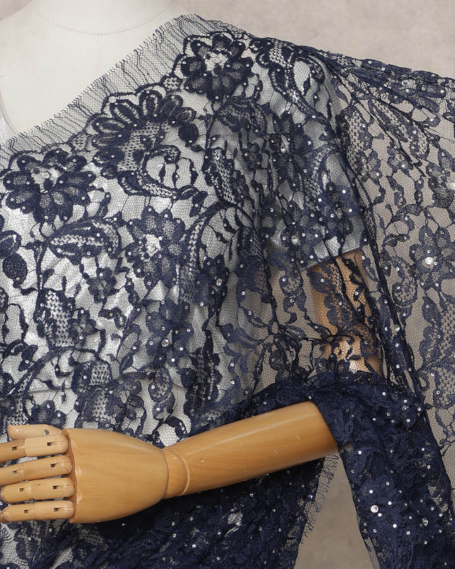 Navy Blue Premium French 2-Tone Chantilly Lace Saree with Stone Work, Width 110 Cms, 5.5 Mtrs, France-D25565 Regal Fabrics