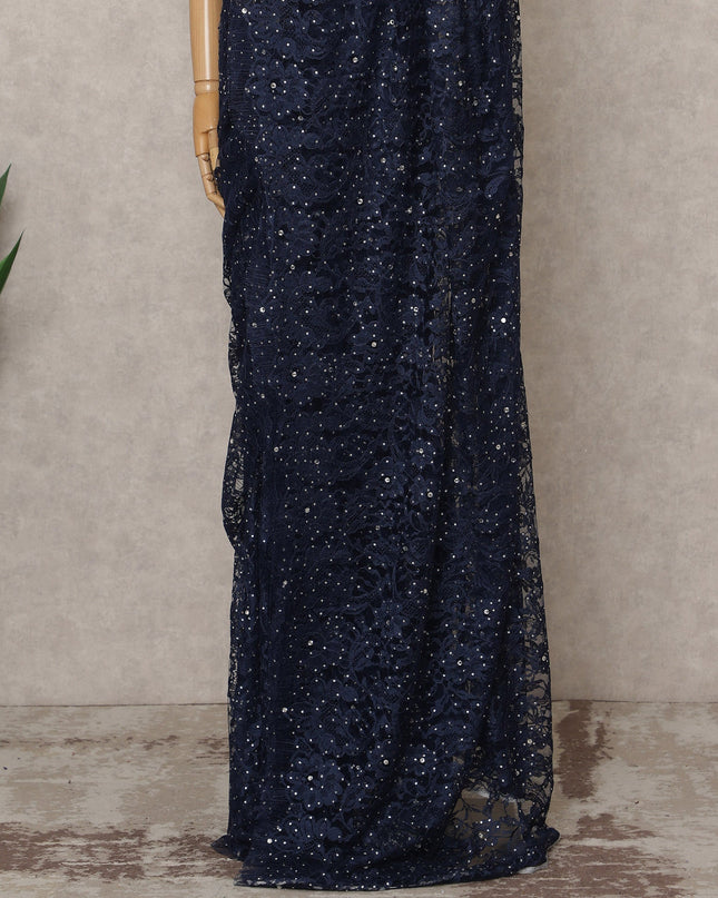 Navy Blue Premium French 2-Tone Chantilly Lace Saree with Stone Work, Width 110 Cms, 5.5 Mtrs, France-D25565 Regal Fabrics