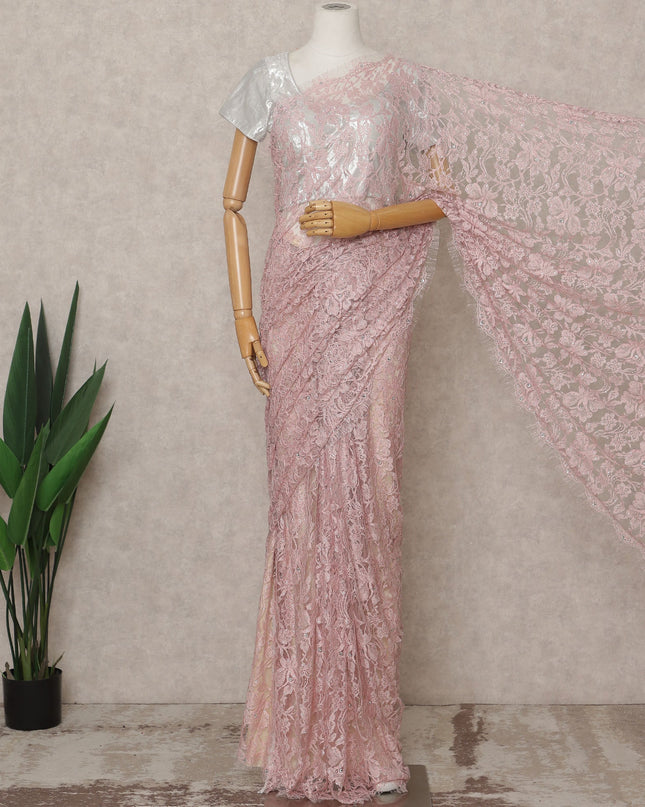 Baby Pink Premium French 2-Tone Chantilly Lace Saree with Stone Work, Width 110 Cms, 5.5 Mtrs, France-D25560