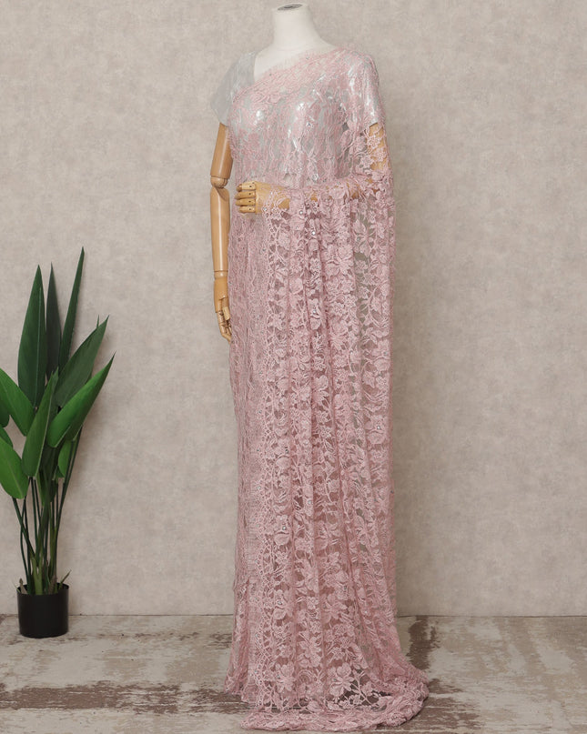 Baby Pink Premium French 2-Tone Chantilly Lace Saree with Stone Work, Width 110 Cms, 5.5 Mtrs, France-D25560