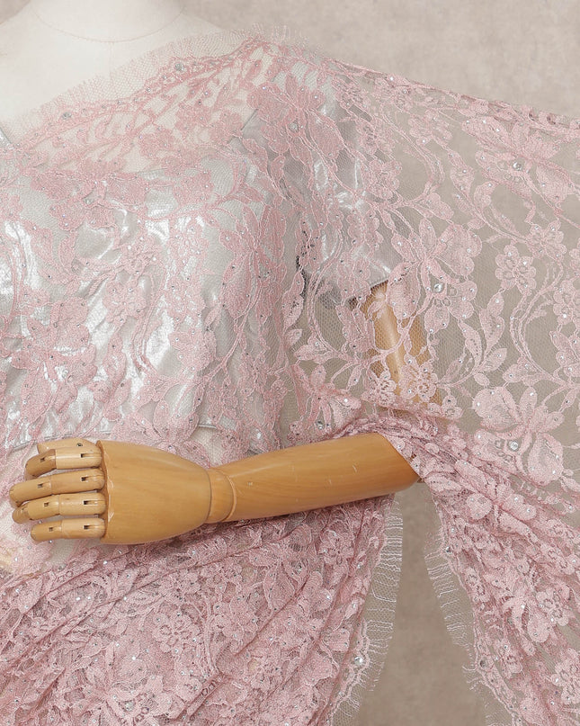 Baby Pink Premium French 2-Tone Chantilly Lace Saree with Stone Work, Width 110 Cms, 5.5 Mtrs, France-D25560