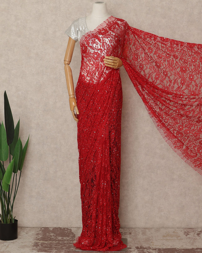 Bright Red French Chantilly Saree Lace With Stone Work Elegant Floral Net Design 5.5 Mtrs Length 110 Cms Width Premium Soft Sheer Fabric France Origin-D28897 Regal Fabrics