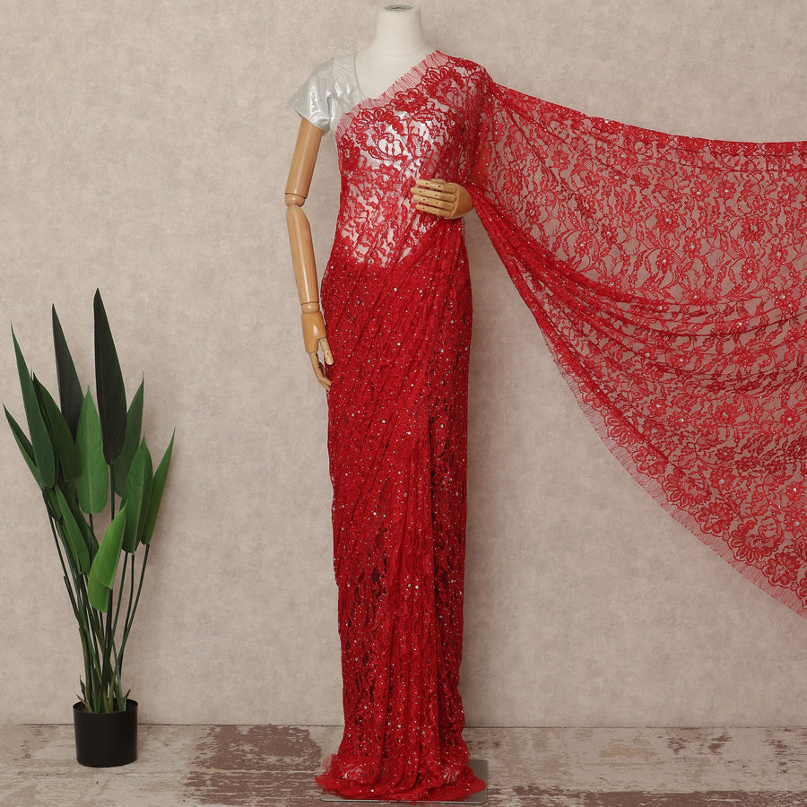 Bright Red French Chantilly Saree Lace With Stone Work Elegant Floral Net Design 5.5 Mtrs Length 110 Cms Width Premium Soft Sheer Fabric France Origin-D28897 Regal Fabrics