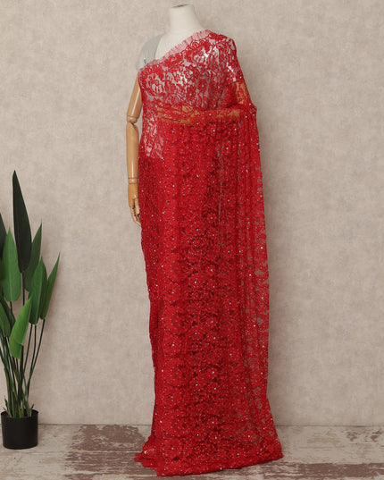 Bright Red French Chantilly Saree Lace With Stone Work Elegant Floral Net Design 5.5 Mtrs Length 110 Cms Width Premium Soft Sheer Fabric France Origin-D28897 Regal Fabrics