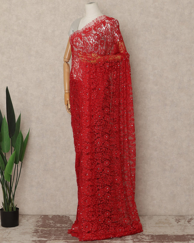 Bright Red French Chantilly Saree Lace With Stone Work Elegant Floral Net Design 5.5 Mtrs Length 110 Cms Width Premium Soft Sheer Fabric France Origin-D28897 Regal Fabrics