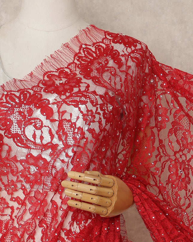 Bright Red French Chantilly Saree Lace With Stone Work Elegant Floral Net Design 5.5 Mtrs Length 110 Cms Width Premium Soft Sheer Fabric France Origin-D28897 Regal Fabrics