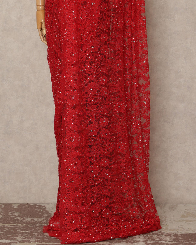Bright Red French Chantilly Saree Lace With Stone Work Elegant Floral Net Design 5.5 Mtrs Length 110 Cms Width Premium Soft Sheer Fabric France Origin-D28897 Regal Fabrics