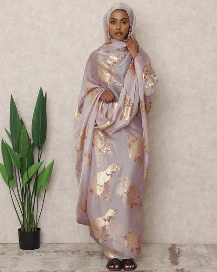 ثوب شيفون حريري فرنسي وردي بنفسجي مع تفاصيل لوركس معدنية، طول 4.5 متر، عرض 110 سم، فرنسا-D24394