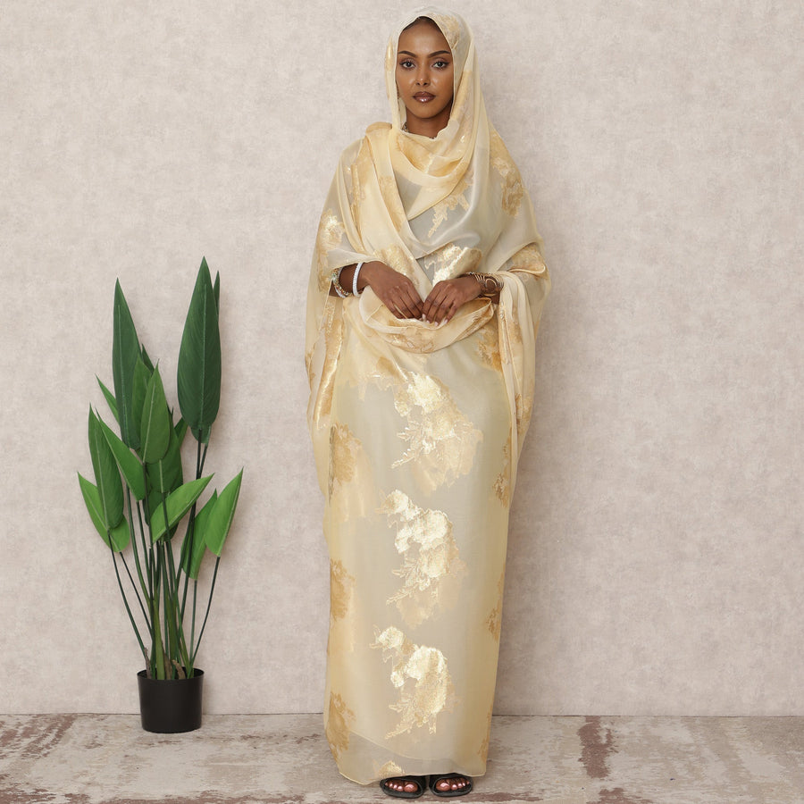 Ivory Gold Floral Metallic Lurex Design Premium French Silk Chiffon Fabric, 110 Cms Width, Made in France-D25740