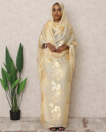 Golden Beige Fransawi Silk Chiffon Thobe with Metallic Lurex Work, 4.5 Mtrs Length, Width 110 Cms, France-D24396