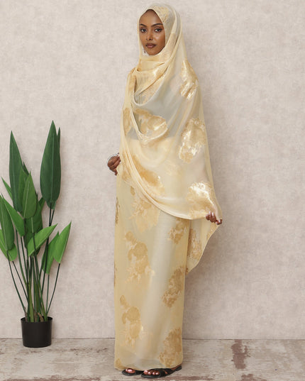 Golden Beige Fransawi Silk Chiffon Thobe with Metallic Lurex Work, 4.5 Mtrs Length, Width 110 Cms, France-D24396