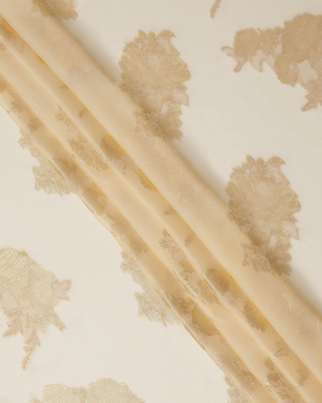 Ivory Gold Floral Metallic Lurex Design Premium French Silk Chiffon Fabric, 110 Cms Width, Made in France-D25740
