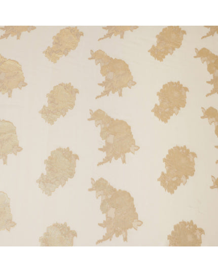 Ivory Gold Floral Metallic Lurex Design Premium French Silk Chiffon Fabric, 110 Cms Width, Made in France-D25740