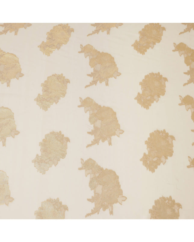 Ivory Gold Floral Metallic Lurex Design Premium French Silk Chiffon Fabric, 110 Cms Width, Made in France-D25740