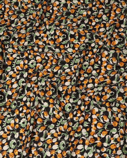 Black Floral Printed Cotton Lawn Fabric All Over Tulip Flower Vine Design Soft Dressmaking Material 4.0 Meters Length 110 Cms Width India-D27650