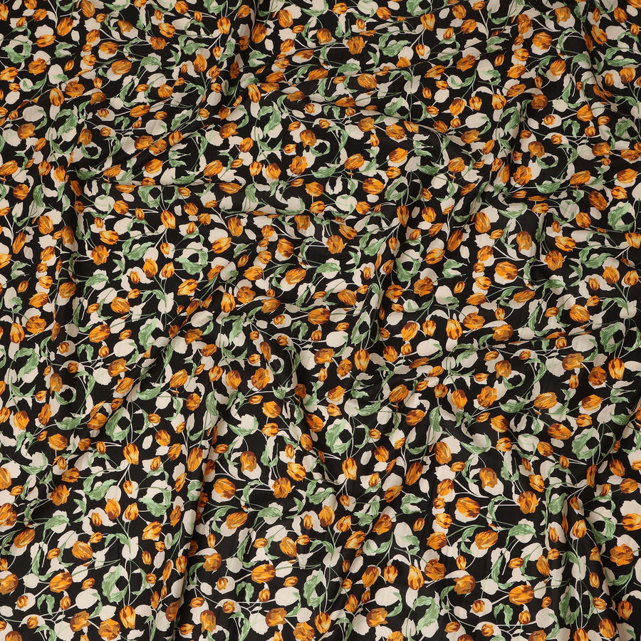 Black Floral Printed Cotton Lawn Fabric All Over Tulip Flower Vine Design Soft Dressmaking Material 4.0 Meters Length 110 Cms Width India-D27650